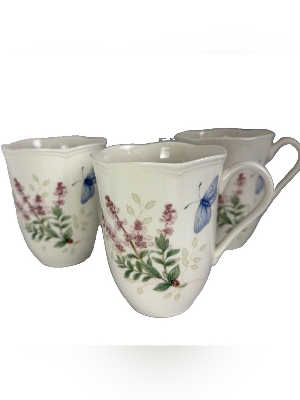 3 Lenox Coffee Cups Butterfly Bees floral Meadow Design Delicate High Quality